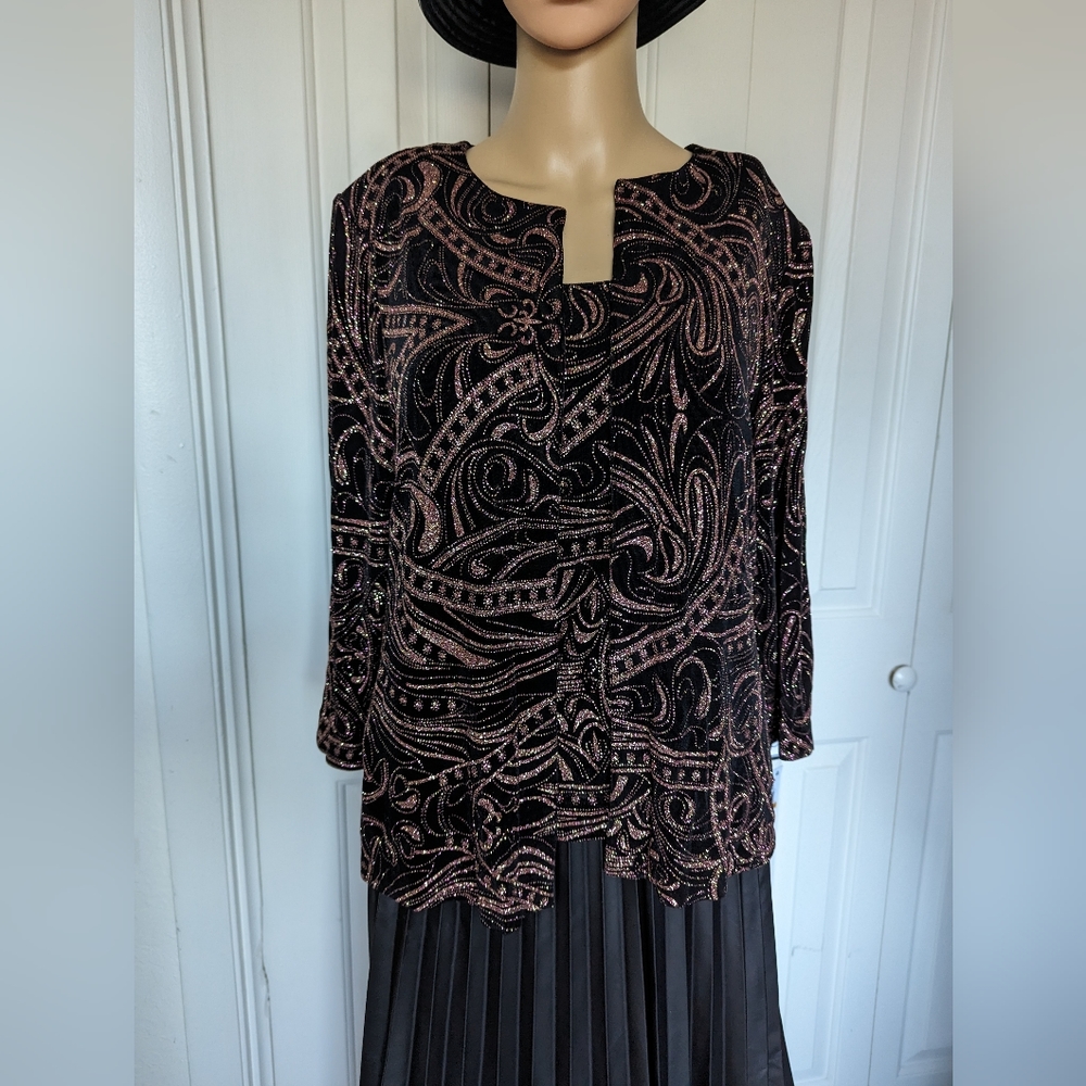 Alex Evenings Glitter Top Black & Rose Gold Print Size S  2 Pc Jacket